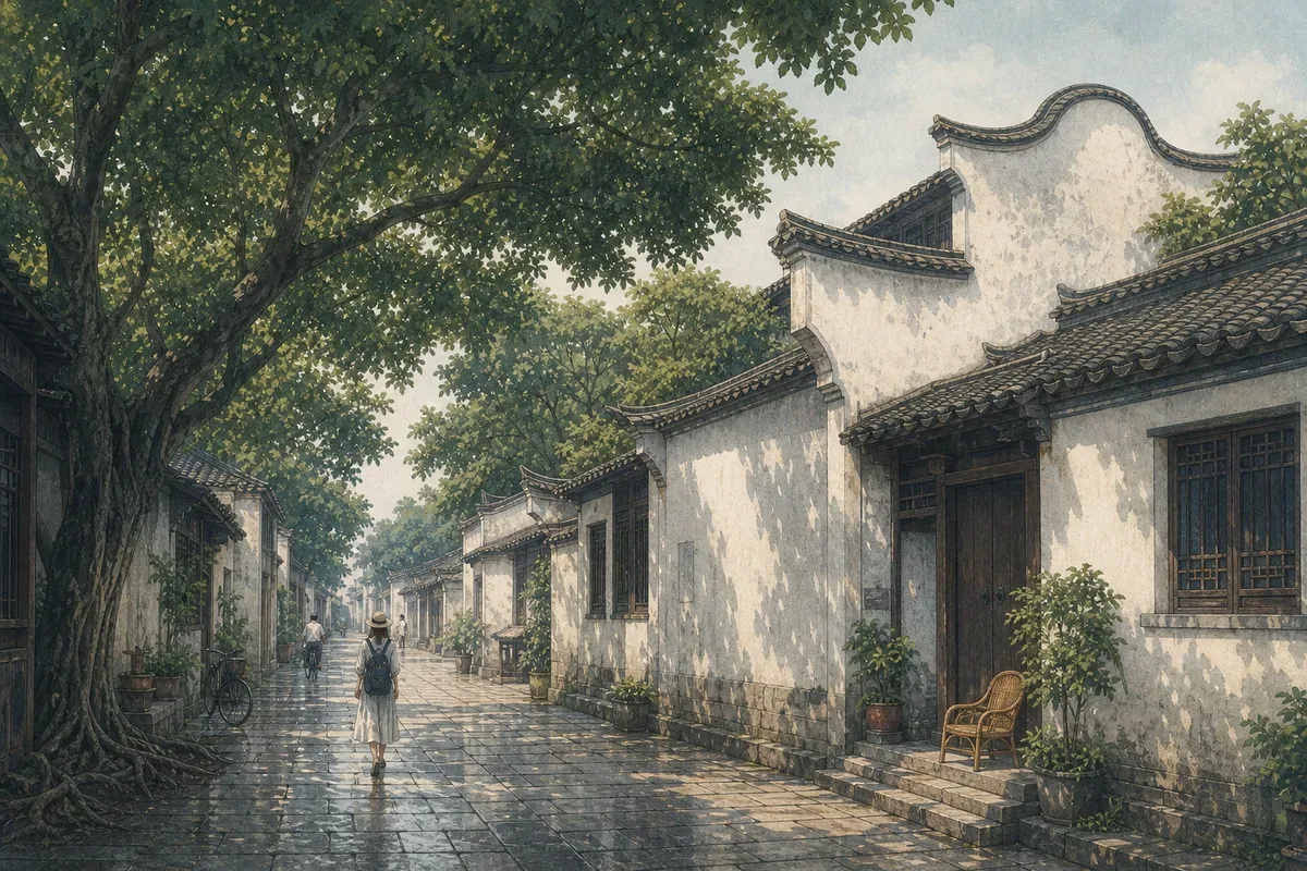 福州老街与榕树旅行插画