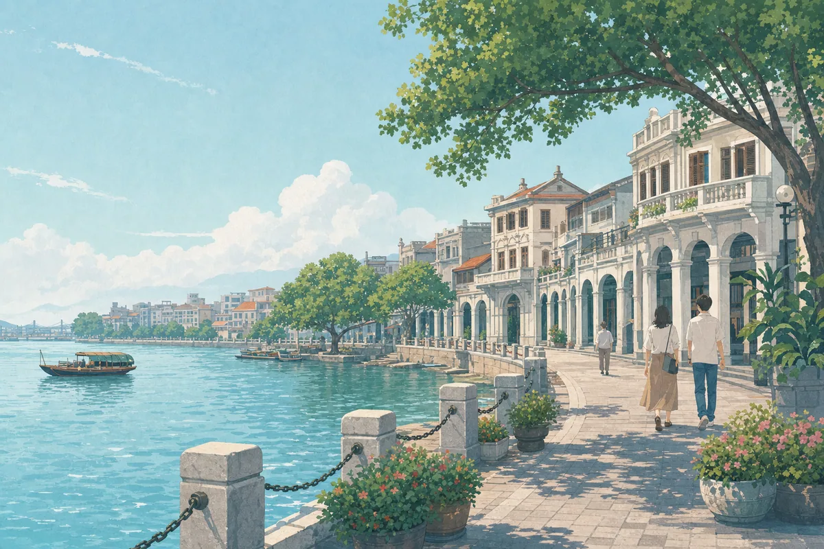 汕头骑楼与滨水街区旅行插画